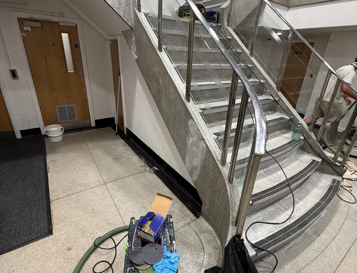 Staircase and adjoining floor before restoration at St Mary’s Hospital