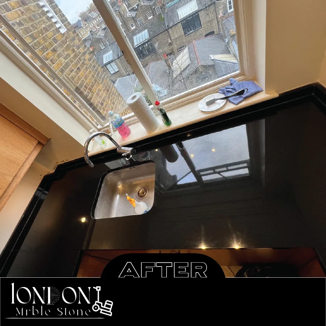 Black granite worktop after restoration