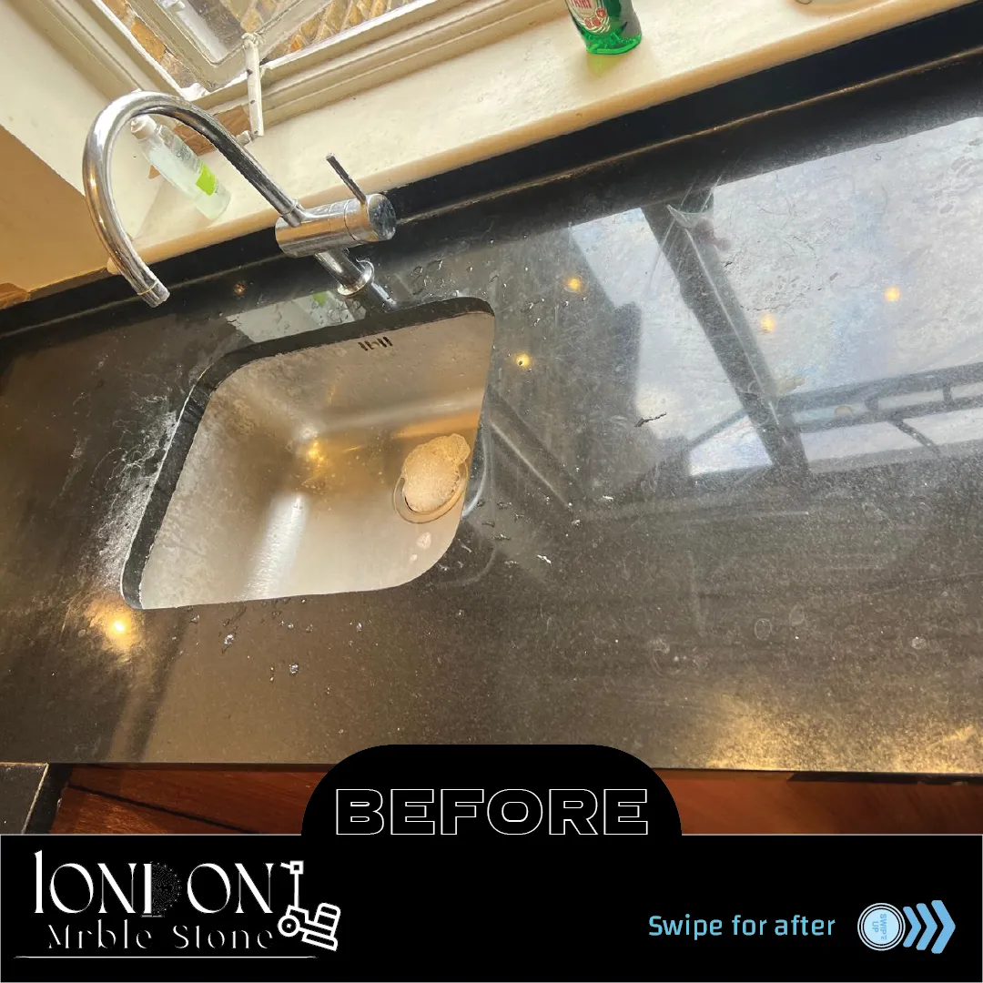 Black granite worktop before restoration