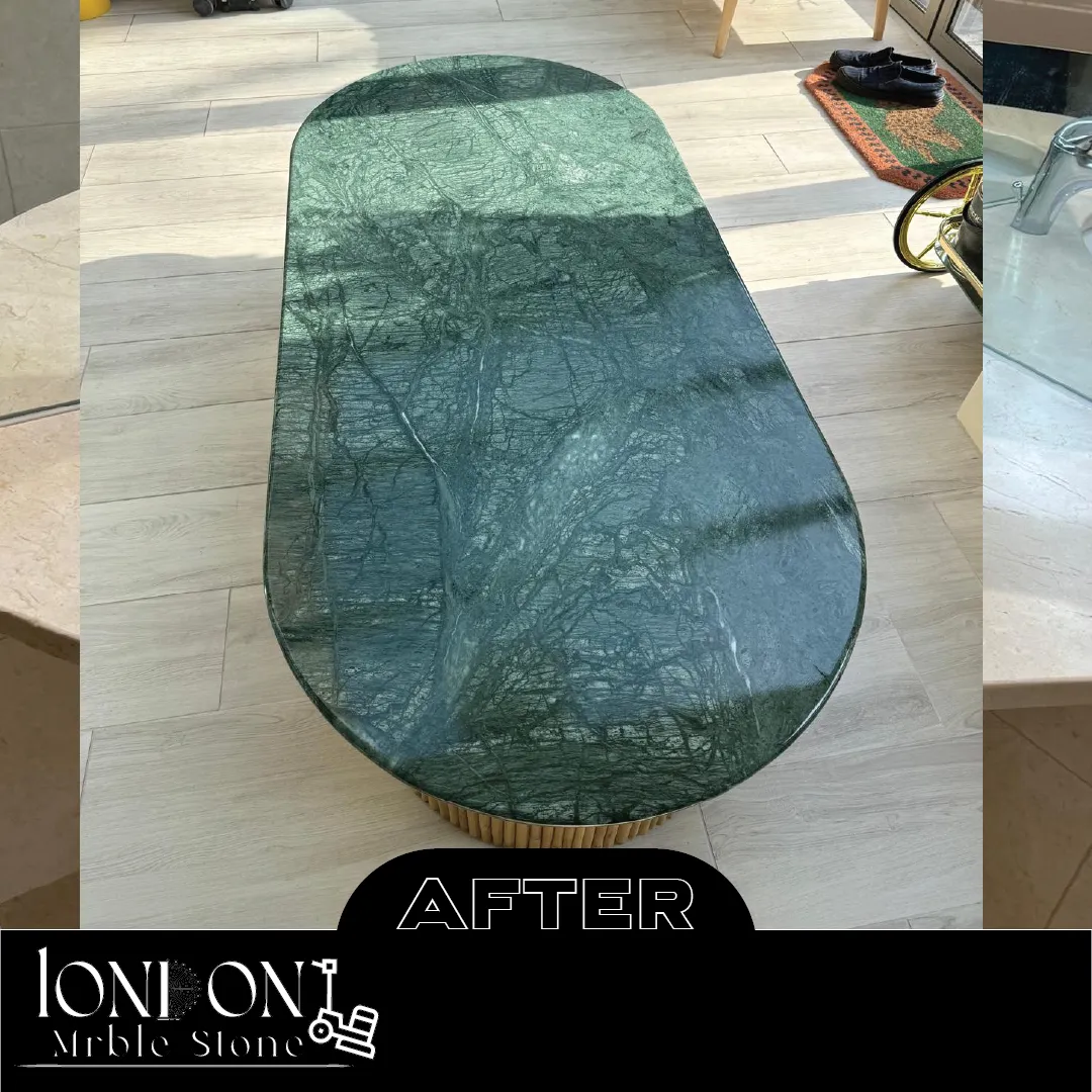 Green marble coffee table after restoration