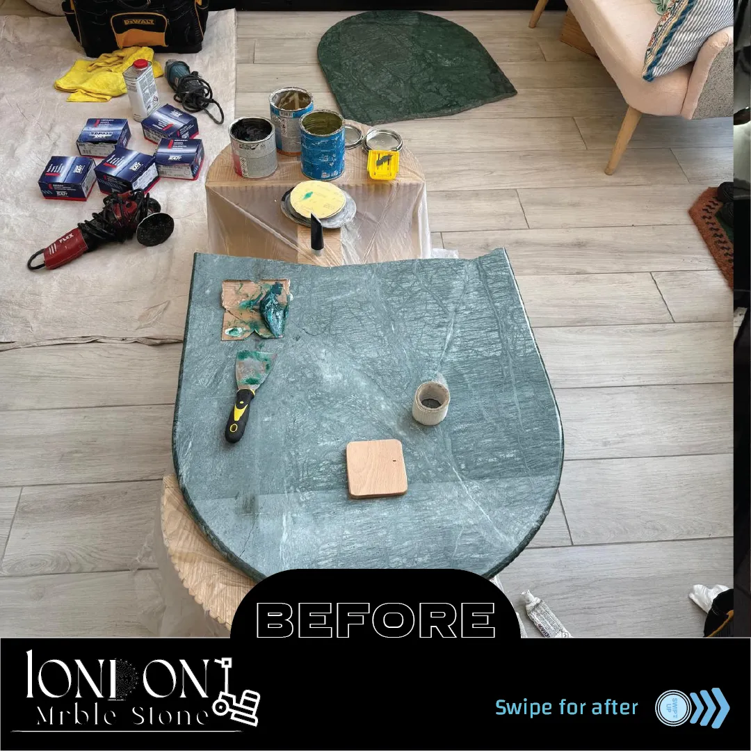 Green marble coffee table before restoration