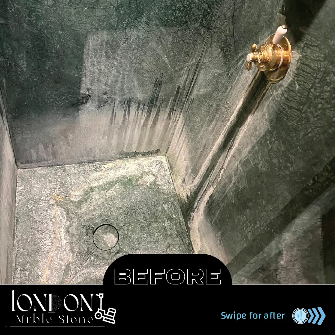 Marble shower wall before restoration
