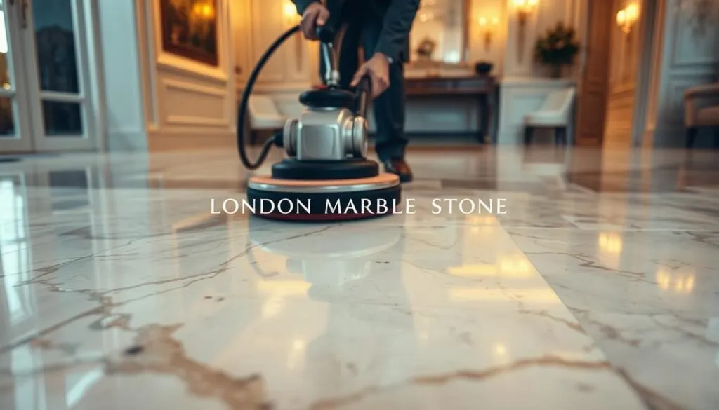 A close-up image of a skilled technician polishing a luxurious marble surface, showcasing different polishing tools in action. In the foreground, highlight the soft sheen of the marble with reflections of the light, emphasizing its texture and color variations. The technician, dressed in professional business attire, should demonstrate precise movements with a polishing machine, surrounded by a few scattered etch marks and scratches on the marble for contrast. In the middle ground, include polished sections of the marble floor transitioning seamlessly from dull to glossy. The background should depict a stylish London home interior with warm, inviting lighting, conveying an atmosphere of professionalism and elegance. Include the brand name "London Marble Stone" subtly in the design of the polishing equipment, enhancing authenticity while maintaining focus on the marble restoration process.
