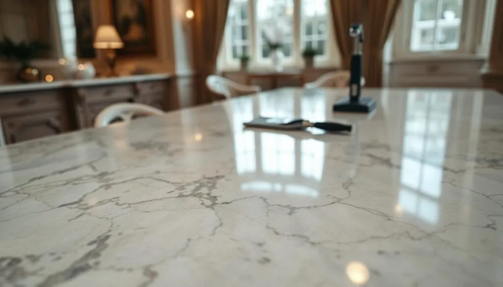 A close-up of a polished marble surface showcasing its natural shine and intricate veining, illustrating the contrast between shiny and dull areas caused by etch marks. In the foreground, emphasize the smooth texture of the marble, capturing the way light reflects off its surface, highlighting glossy spots and muted patches. The middle ground features cleaning tools subtly placed, signifying professional marble care. In the background, soft, warm lighting from an elegant London home setting enhances the atmosphere, creating an inviting, refined space. The image embodies a sophisticated, polished feel, representing high-quality marble restoration and the services of "London Marble Stone." Capture the essence of marble etching and restoration without any text or distractions.
