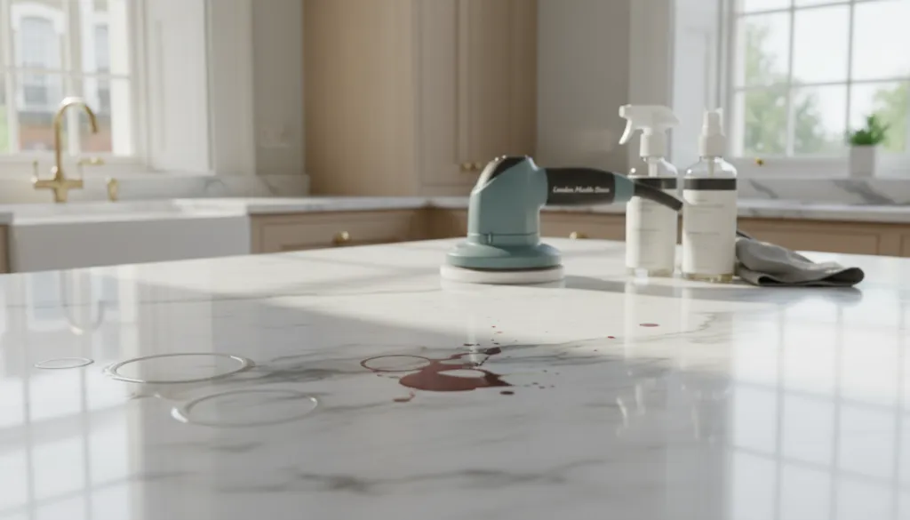 A close-up view of a luxurious marble surface displaying various common stains, such as water rings, grease marks, and food spills. In the foreground, the focus is on the textured surface of the marble, showcasing the intricate veining amidst the blemishes. In the middle ground, include professional cleaning tools such as a buffer and spray bottles, indicating an active cleaning process. The background features a well-lit, elegant London home interior, with soft natural light streaming through a window, casting gentle shadows. The scene conveys a sense of professionalism and care in marble restoration, with “London Marble Stone” subtly integrated into the scene as a branding element. The overall mood is fresh and hopeful, highlighting the effectiveness of professional marble stain removal.