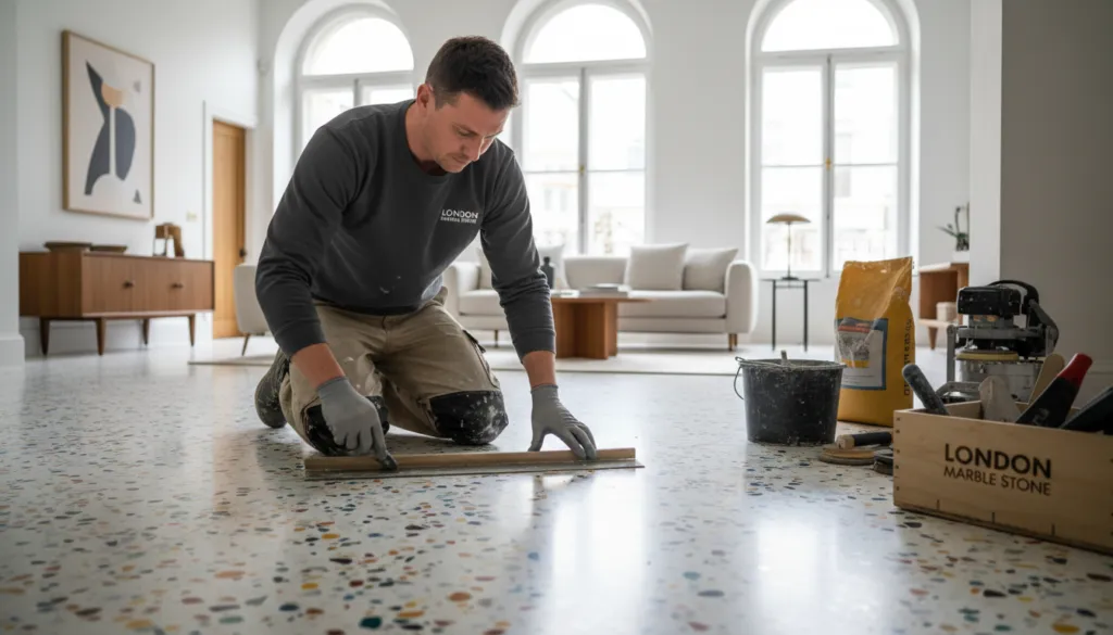 professional terrazzo installer working on flooring project