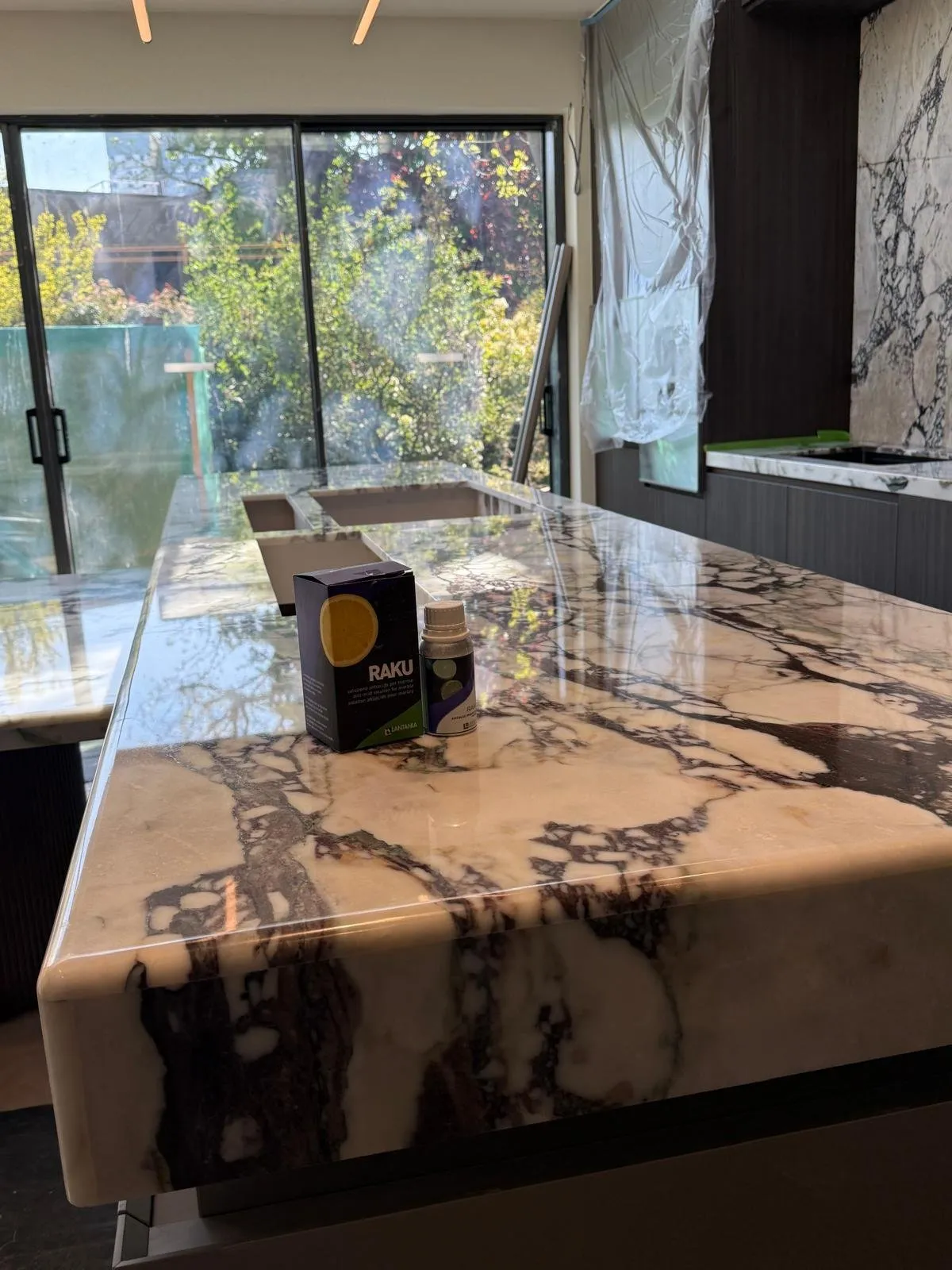 RAKU marble protection on a London kitchen island — detail 13