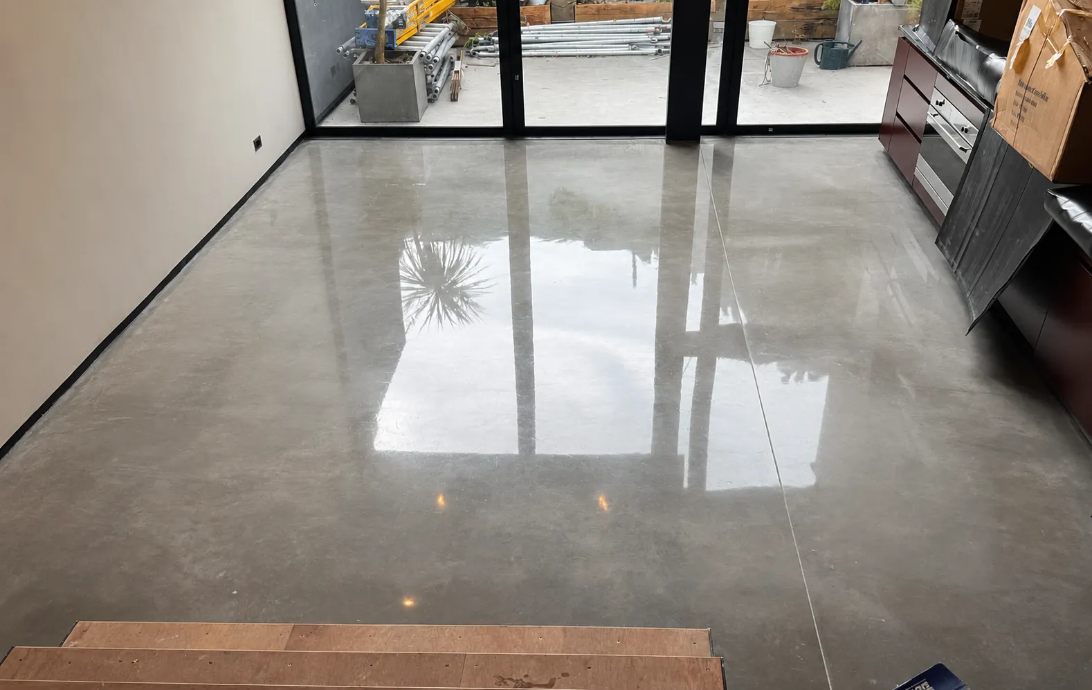 Modern minimalist space with polished concrete floor